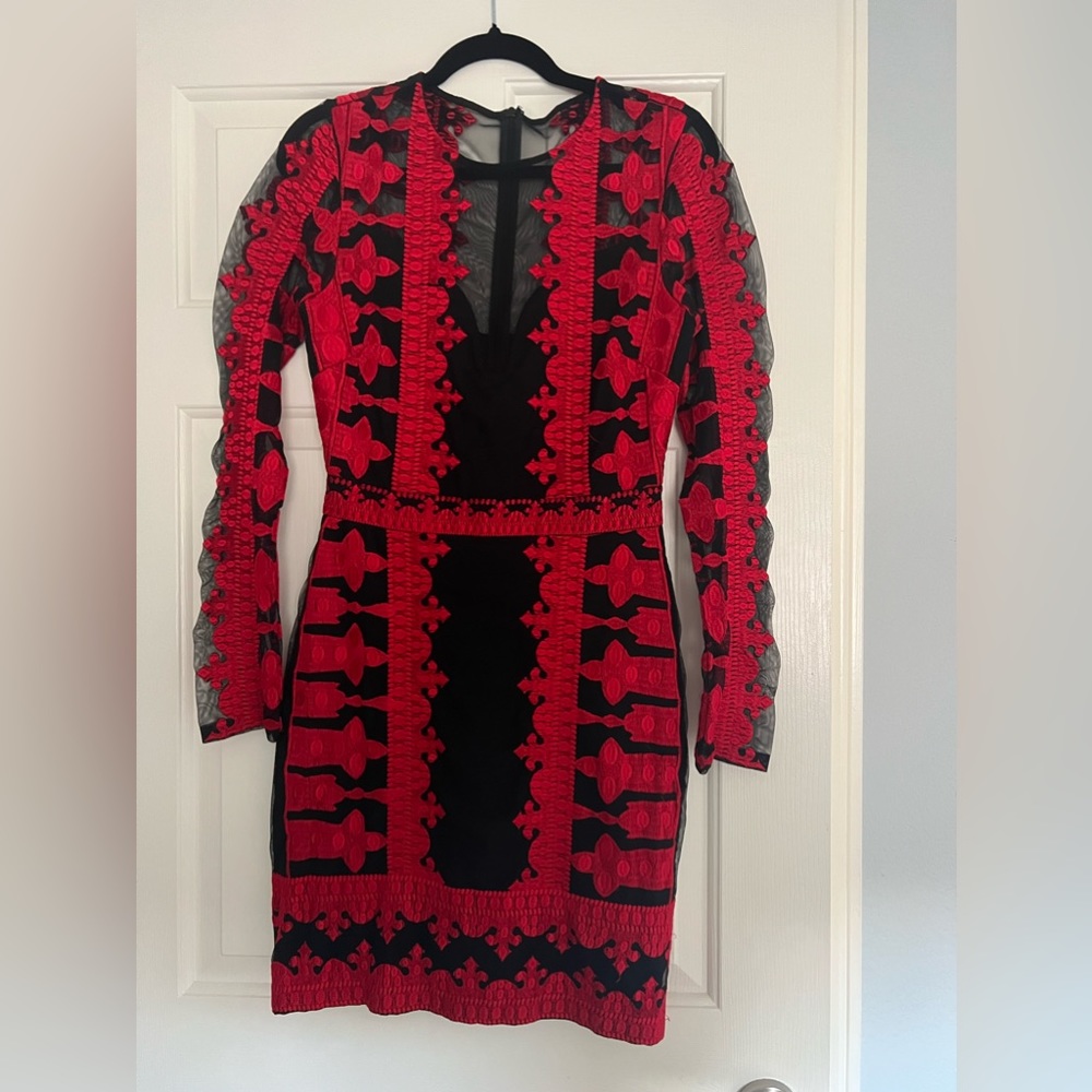 Nicole Miller red embroidered sheath dress